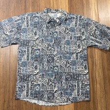 Breakers Mens Sz Large Blue Geometric Hawaiian Button Up Shirt Surf USA Made VTG