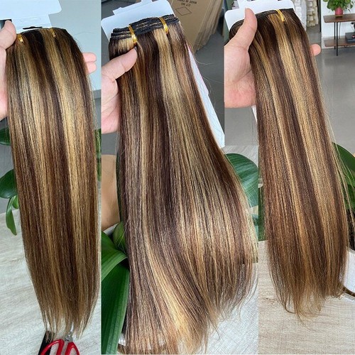 P4/27 Straight Clip In Human Hair Extensions Full Head Brazilian Hair for Women - Picture 3 of 7