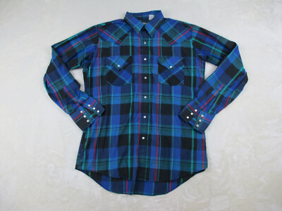 Ely Cattleman Shirt Mens 15 1/2 Blue Pearl Snap Plaid Western Long Sleeve*