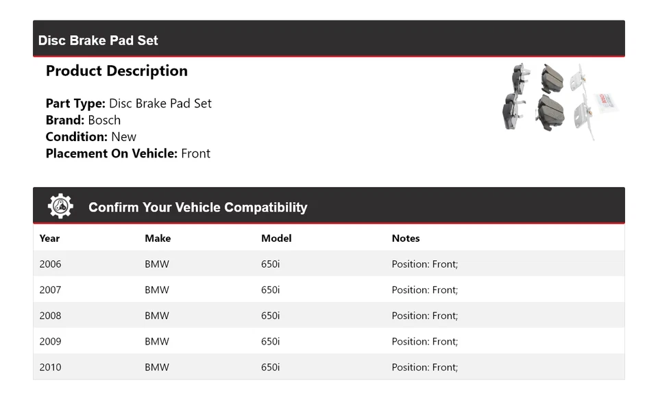 For 2006-2010 BMW 650i Bosch QuietCast Ceramic Brake Pads Front 2007 2008 2009 - Image 2 of 4