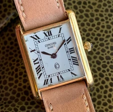 Vintage Concord White Roman Dial Rectangular Gold Tone Wristwatch