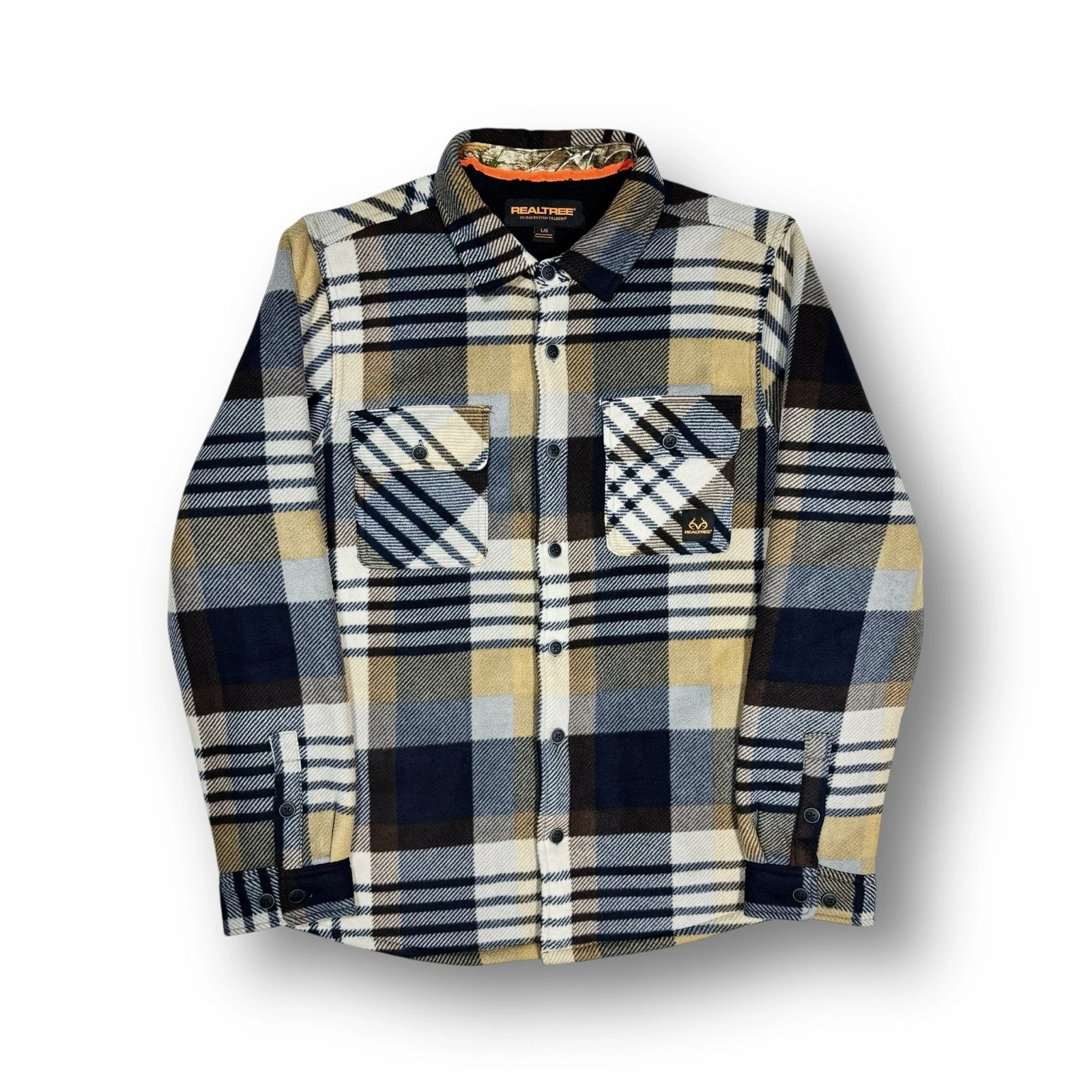 RealTree 00s Plaid Sherpa Lined Button Up Jacket Beige Navy (L)