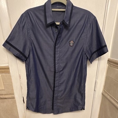GF Ferre Men's Blue Black Short Sleeve Button-Up Woven Cotton Shirt