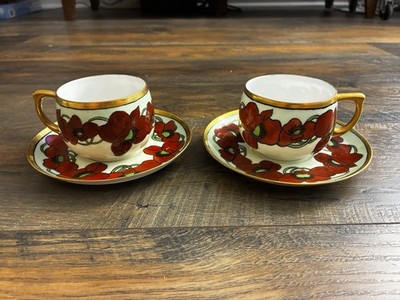 Pair Vintage Moritz Zdekauer Austria Red Poppies Tea Cups & Saucers