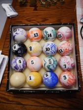 VINTAGE SWIRL-BILLIARD BALLS-REGULATION SZ-WGT-16 BALLS-CUE BALL-8 BALL-ORIG.BX