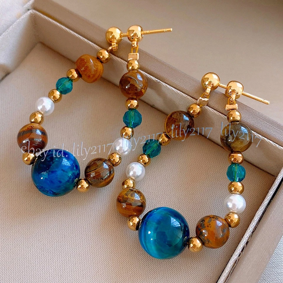 Natural Yellow Blue Tiger's Eye Round Gemstone Beads Dangle Stud Hoop Earrings - Image 3 of 4