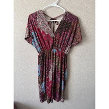 Raindrops by Papillon Pink Paisley V-Neck Elastic Waist Tie-Back Mini Dress S