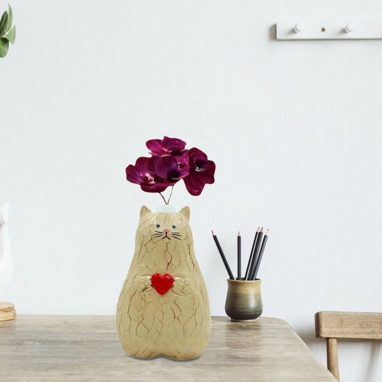 Cat Shaped Flower Vase Desktop Ornament Cat Statue Artistic Decorative Vase for