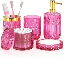 Hot-Pink Glass Bathroom Accessories Set 5 Pcs, Hot-Pink Bathroom Set, Soap Dispe