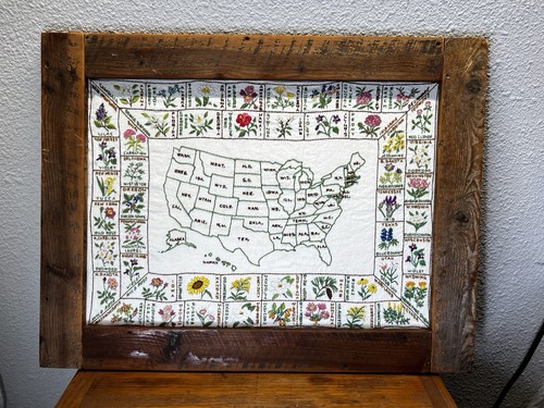 Vintage FRAMED Embroidered USA Map Of States & State Flowers 1972 Paragon