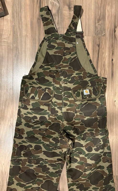 Vintage Carhartt Duck Camo Hunting Bib Overalls BU103 Made In USA 36X32 Canvas