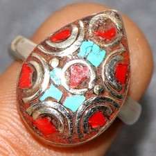 Nepali Tribal Nepali Tribal Tibetan Turquoise Red Coral Ring US 8.5 GW