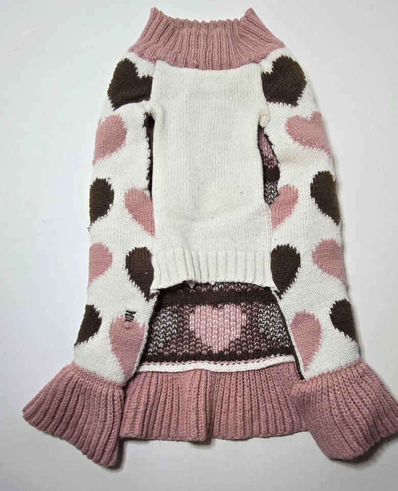 Vestido Suéter Vibrant Life Perro Pequeño Rosa y Marrón Corazones 100% Acrílico Tejido USADO Foto 2 de 4