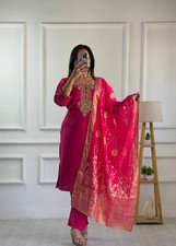 Latest Heavy Pure Roman Silk Salwar Kameez With Pink Dupatta For Festival Wear