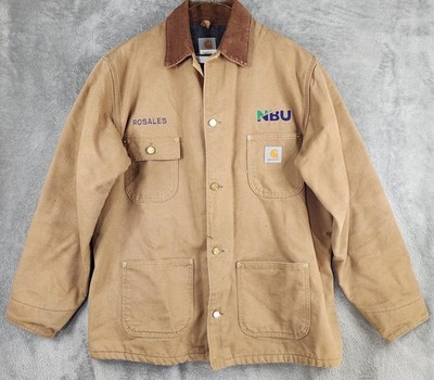 Carhartt Jacket Mens 44 Brown Duck Blanket Lined Chore Corduroy Collar USA C01