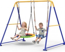 2-in-1 Swing Set Backyard Kids W/ 1 Saucer Swing 1 Belt Swing 440lbs Metal Swing