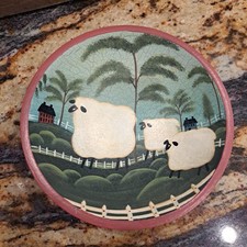 Handpainted Rustic Sheep and Farmhouse Wooden Folk Art Bowl Cottage Core 8"