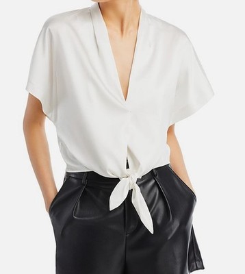 Generation Love Women's White Satin Pullover V Neck Caro Tie Front Top Size S