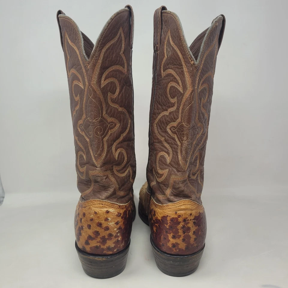 Botas vintage Larry Mahan 12D couro marrom bronzeado pena completa avestruz caubói ocidental - Imagem 3 de 4
