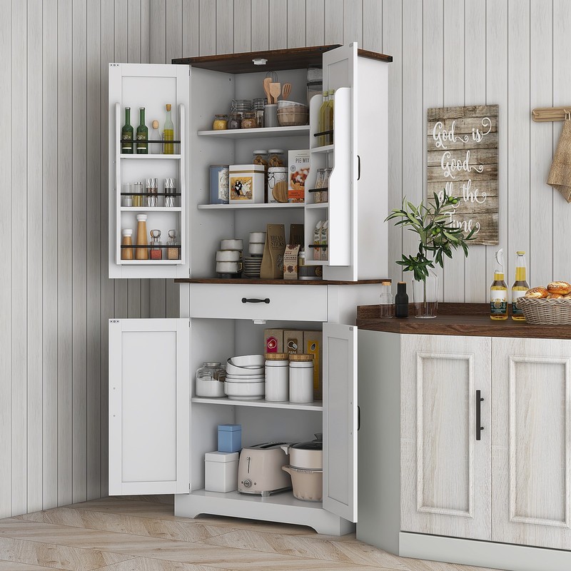 Farmhouse Kitchen Pantry Storage Cabinet with Door Shelves, Drawer, White