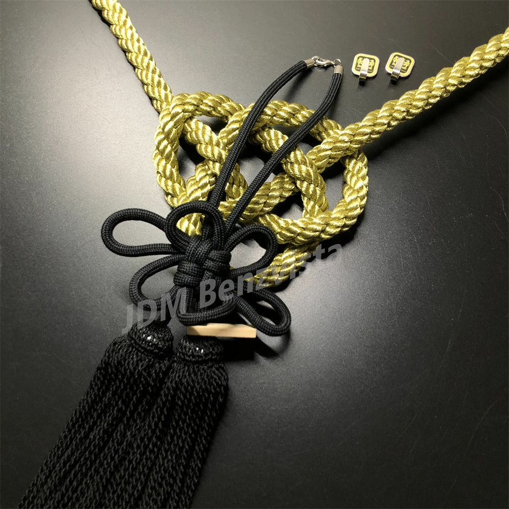 2Pcs JDM JP Black Fusa Kiku Knot Golden Kintsuna Rope For Rearview