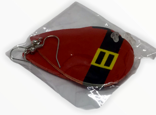 Santa Claus Pierced Earrings Red Suit Black Belt Gold Buckle Faux Leather NEW - Picture 2 of 3