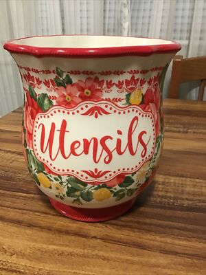 The Pioneer Woman Utensil Holder Stoneware Kitchen Urn Jar Floral 7-1/2  Tall