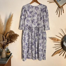 California Looks Women's Vintage Floral Lavender Puff Sleeve Pleated Skirts Lrg