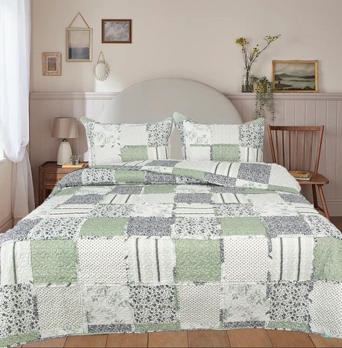 Quilted Patchwork 3 Piece Bedspread Single Double King Size Bed Sheet Pillowcase - Picture 2 of 6