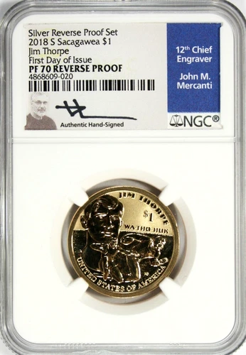 Silver Sacagawea Dollar NGC PF 70 Reverse Proof 2018-S #GA5-20 "Jim Thorpe"