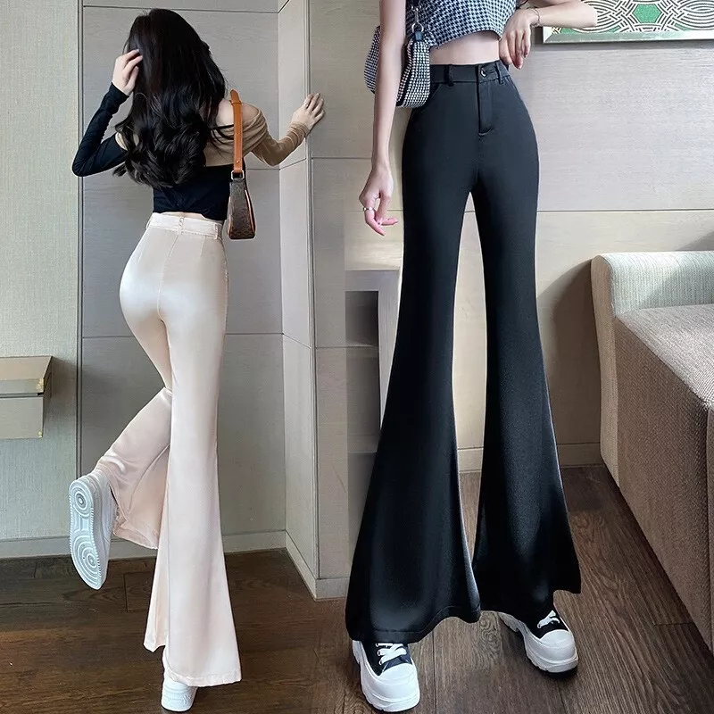 Women Satin Flared Pants Faux Ice Silk Trousers Bell-bottoms High Waist