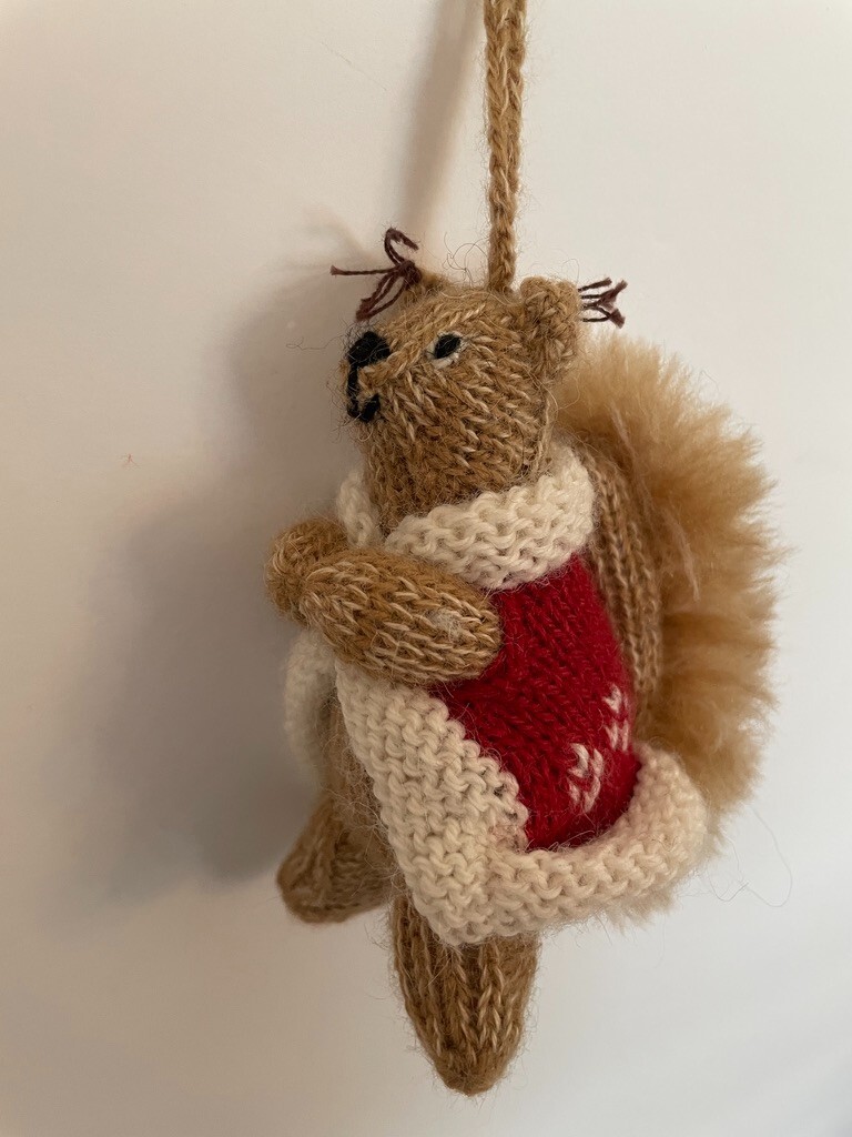 Crate and Barrel Alpaca SQUIRREL w/red/white knit coat ORNAMENT