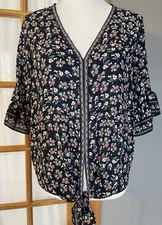 Max Studio Floral Blouse Womens L Sz M Navy Chiffon Tie Ruffles Cottagecore Boho