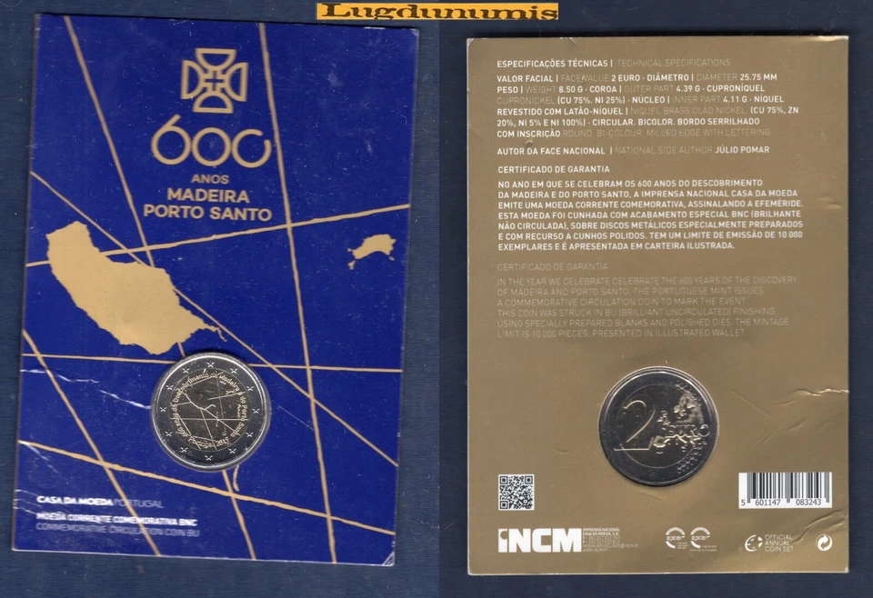 2 euro BU Commémo Portugal 2019 Madère Joao Goncalves Zarco Coin Card Portugal - Photo 1/1