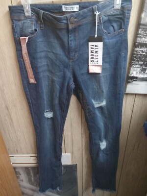 Almost Famous Jeans Junior 15 Blue Denium Mid Rise Roll up Distressed Skinny 