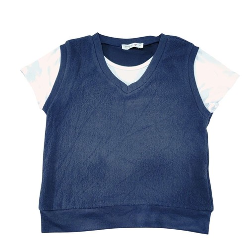 Navy Blue Sweater Vest with White Short Sleeves V-Neck Casual Top