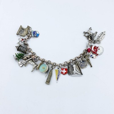 Vntg Sterling & 800 Silver Charm Bracelet Enamel Danecraft Holiday Travel Sports