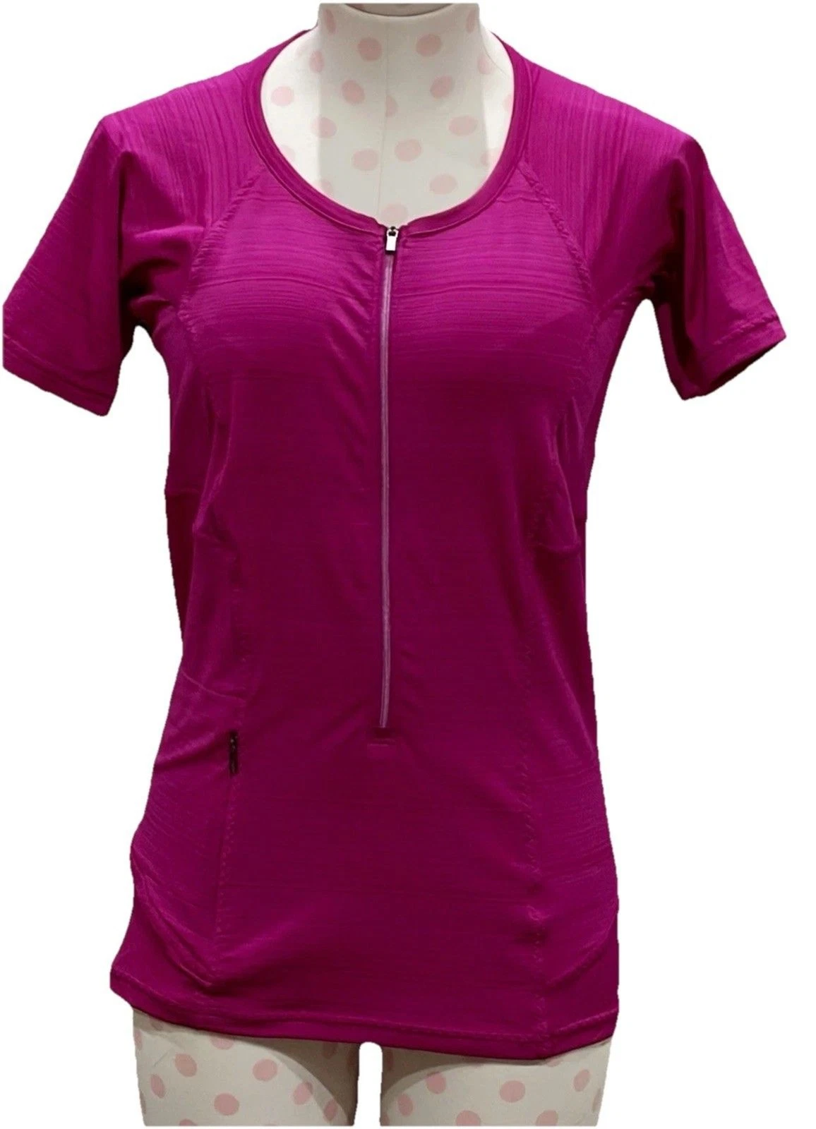ATHLETA Pacifica Half-Zip Ruched S/S Contoured Tee -Electric Fuchsia - Med - EUC