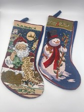 Set of 2 Christmas Needlepoint Stockings Vintage Snowman And Santa