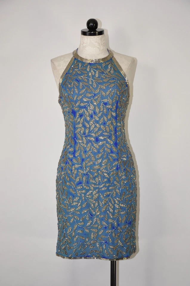 Mini Vestido Halter Sin Espalda Hojas Joyas Cuentas Plata Azul Seda Años 80 De Colección S Foto 2 de 4