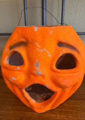 VINTAGE HALLOWEEN NEON ORANGE PULP JOL PUMPKIN 7.5'' H