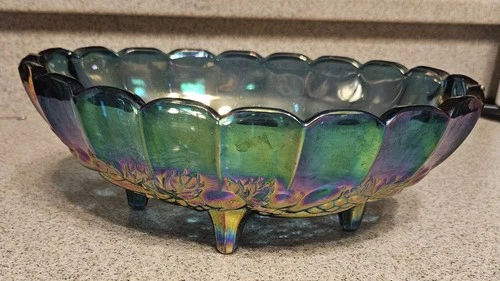 Indiana Iridescent Carnival Glass Harvest Grape Blue Footed Bowl