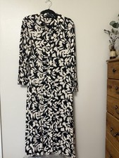Mango Elegant Black and White Leaf Print belted long sleeve midi shirt Dress