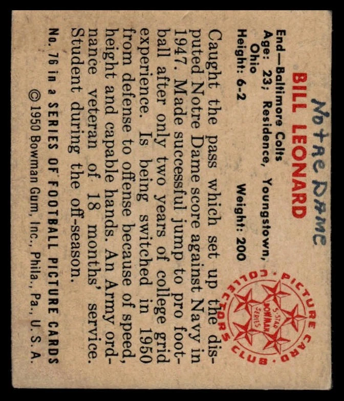 1950 Bowman #76 Bill Leonard - Image 2 of 2
