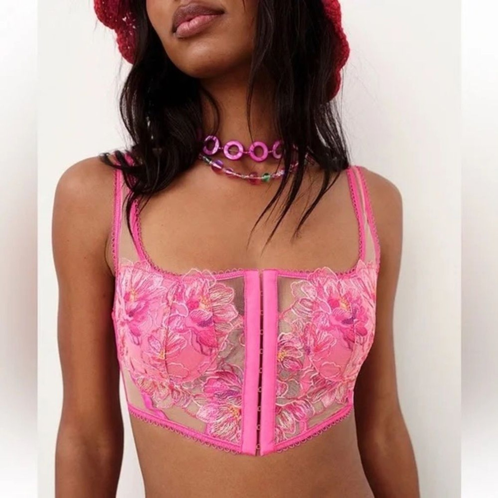 For Love And Lemons Pink Floral Lace Longline Bralette