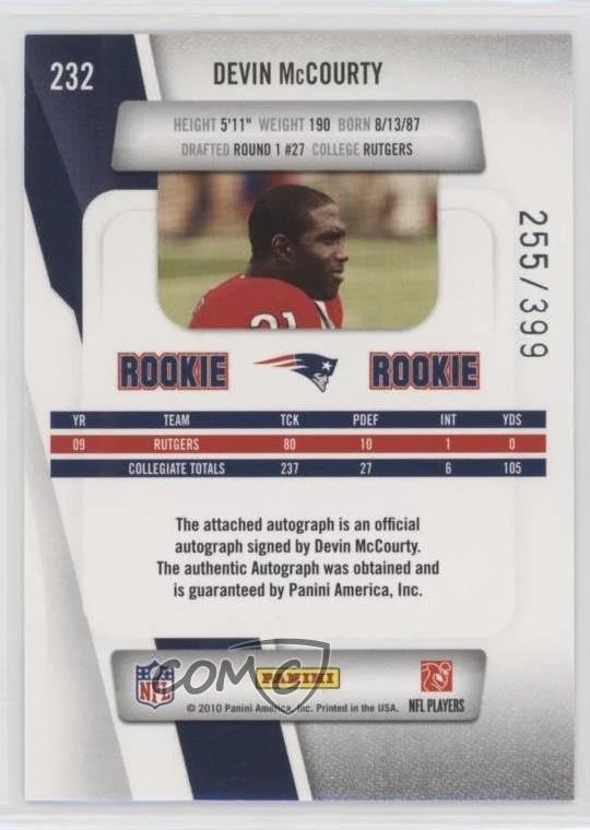 2010 Playoff Prestige Rookie Draft Picks Rights /399 Devin McCourty #232 Auto RC - Image 2 of 2