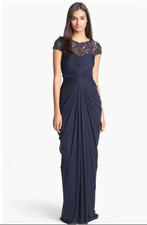 ADRIANNA PAPELL ROMANTIC LACE ILLUSIONS YOKE DRAPED MESH NAVY GOWN sz 10