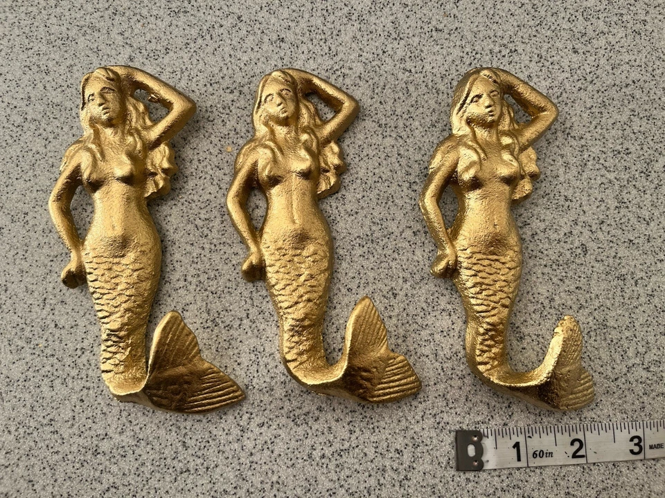 Juego de 3 ganchos de pared de hierro fundido sirena dorada náutica costa playa decoración del hogar Foto 4 de 4