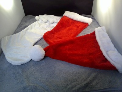 Two Fluffy Christmas Stockings Holiday Decor 19'' & One Hat