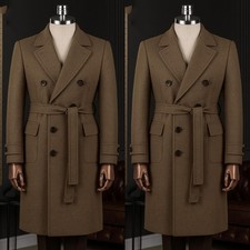 Double Breasted Men's Overcoat with Belt 100 Cashmere Long Jacket Wear Coat